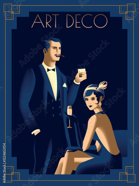 Obraz Couple at a party in the style of the early 20th century. Retro party invitation card. Handmade drawing vector illustration. Art Deco style.