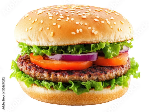 Fototapeta Juicy hamburger with sesame bun and fresh toppings on a transparent background, cut out