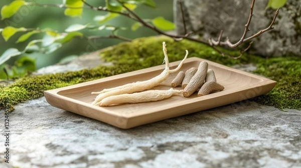 Fototapeta Natural herbal roots displayed on a wooden tray in a serene outdoor setting surrounded by moss and foliage