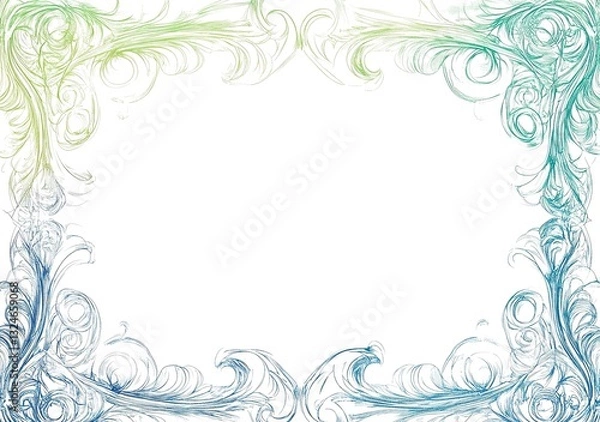 Fototapeta A symmetrical frame composed of blue - green curly patterns, leaving a blank center for customization in different designs.