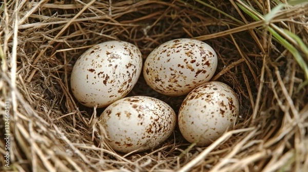 Fototapeta A close up of a birds nest with eggs in soft focus nature background