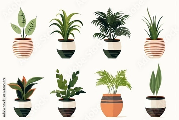 Fototapeta A Collection of Eight Unique Potted Plants with Varied Greenery