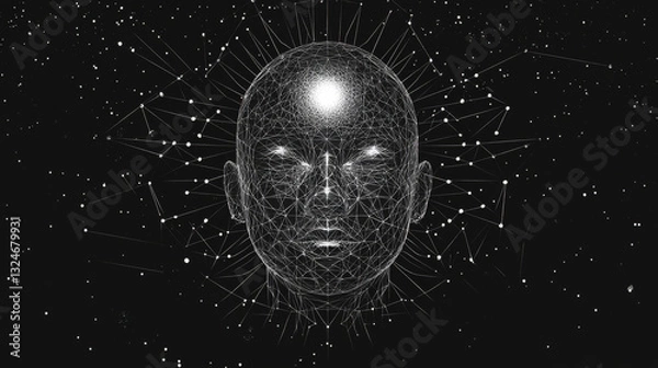 Obraz Face recognition low poly wireframe banner vector template. Futuristic computer technology, smart identification system poster polygonal design. Facial scan 3d mesh art with connected dots