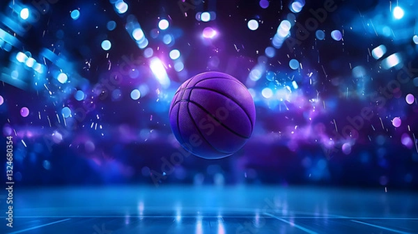 Fototapeta A 3D Rendered Purple Basketball Hovering Over a Glowing Blue Court with Sparkling Lights