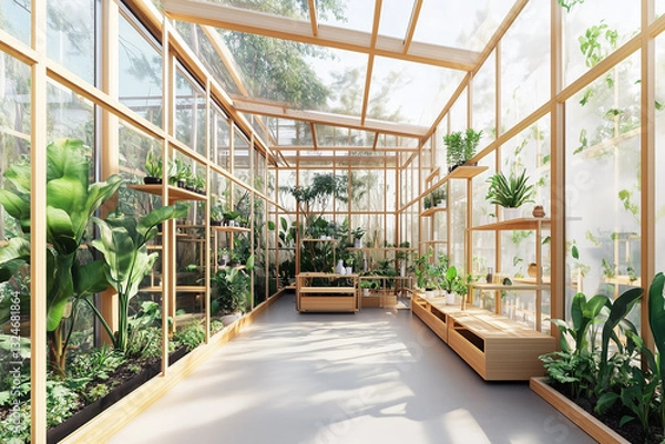 Obraz Greenhouse filled with plants and a wooden bench