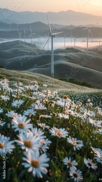Fototapeta Beautiful Wildflower Meadow at Sunrise with Wind Turbines in the Misty Background