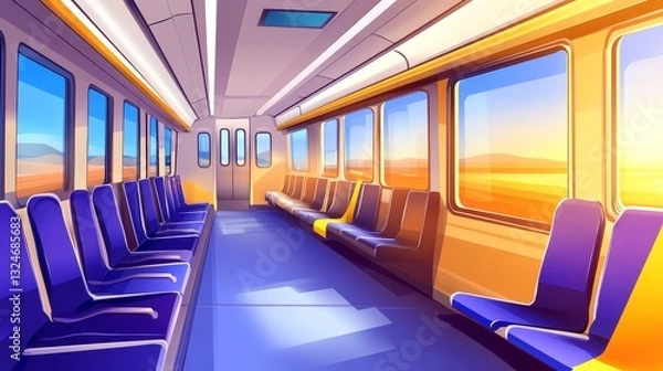 Fototapeta Bright and spacious interior of a train carriage with sunset views through large windows