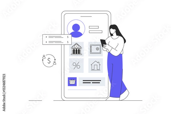 Fototapeta Mobile banking concept. Woman Character with financial account, banking services in smartphone app. Personal finances management. Flat Cartoon Vector Illustration, icon. Stylish abstract design web