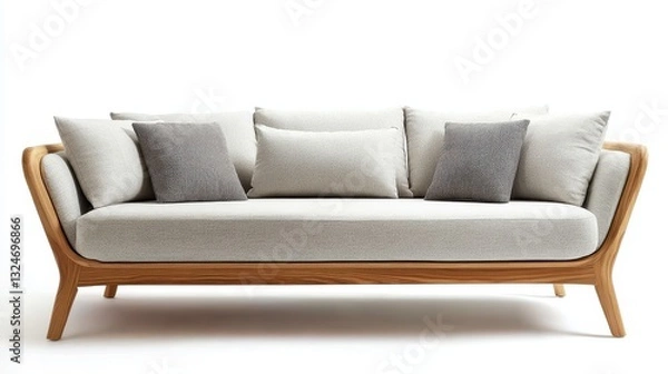 Fototapeta Elegant wooden frame sofa with light cushions and pillows displayed