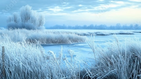 Fototapeta Frozen landscape with icy lake and frosted vegetation beneath the blue sky