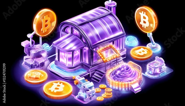 Fototapeta Cryptocurrency casino.  A vibrant, stylized depiction of a digital casino, using crypto like Bitcoin for gambling