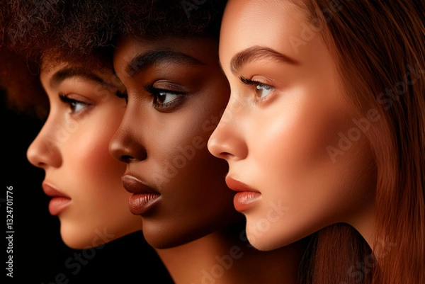 Obraz Portrait of beautiful young women, girls of different nationalities with dark hair, palette in the color Pantone 17-1230 Tcx Mocha Mousse Color #A47864 and its other shades