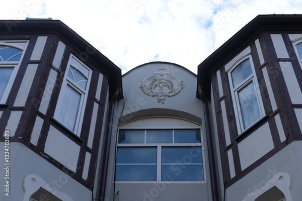 Obraz A fragment of the Schutz Sisters apartment building in Art Nouveau (Art Nouveau style). Kurortny Prospekt, 25. Zelenogradsk. Kaliningrad region