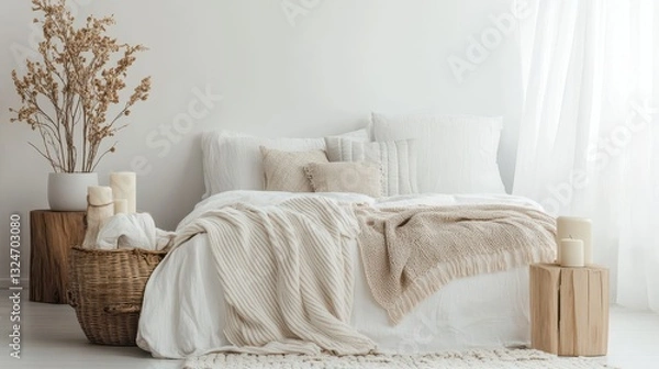 Fototapeta A cozy bedroom with a comfortable bed and soft decorative elements