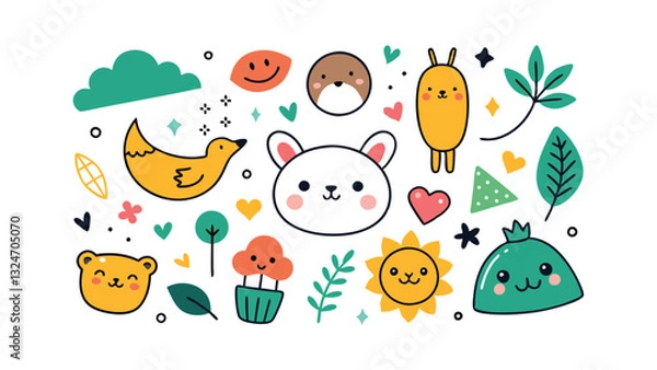Fototapeta Adorable Kawaii Animals, Plants, and Nature Elements Illustration