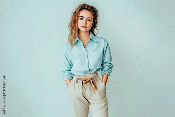 Obraz Full length portrait of a beautiful young girl in her 20s wearing a light blue blouse and beige trousers in casual style, standing against a light blue background
