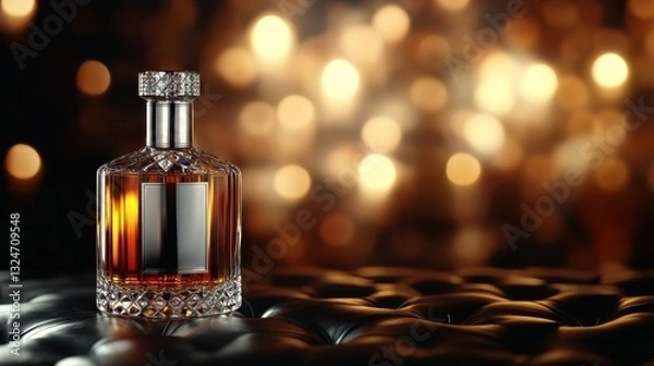 Fototapeta A stylish crystal whiskey decanter showcased on a bar table, featuring warm tones and a cozy atmosphere, creating an inviting scene perfect for relaxation and socialization.