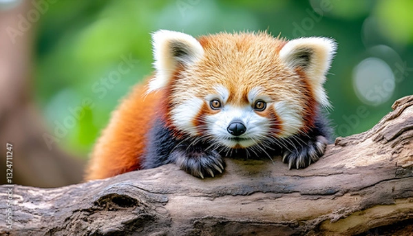 Fototapeta Cute red panda cub on a tree branch