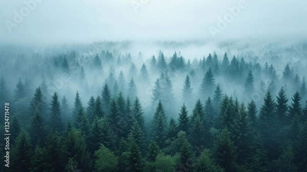 Fototapeta Aerial View of Creeping Fog in Evening Light with Foggy Weather Conditions