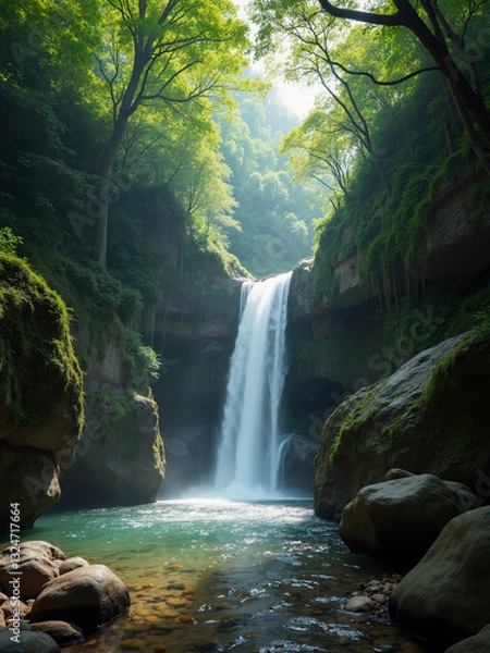 Fototapeta Majestic waterfall cascading down rocky cliffs surrounded by lush greenery under soft morning light
