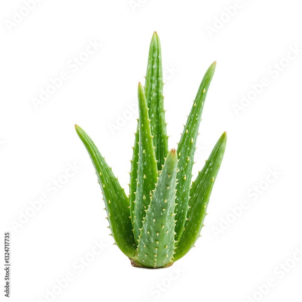 Fototapeta A vibrant aloe vera branch with thick fleshy green leaves containing soothing gel isolated on a white background