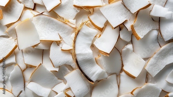 Fototapeta Close-up of a pile of small, irregularly shaped pieces of white coconut. the pieces are arranged in a random, overlapping manner, with some overlapping each other.