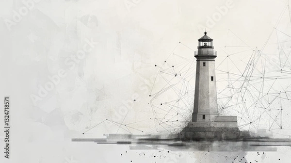 Obraz Grey lighthouse with polygon line on abstract background. Polygonal space low poly with connecting dots and lines. Connection structure. Vector science background