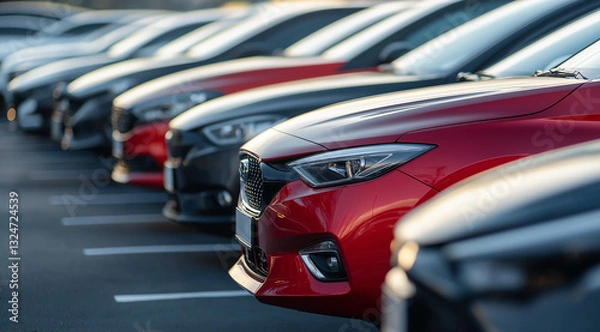 Fototapeta Row of Cars in a Parking Lot with a Standout Bright Red Vehicle – High-Resolution Automotive Photography for Advertising and Sales Promotion