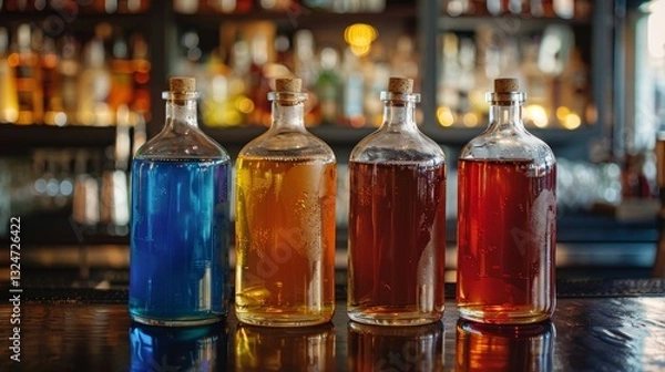 Fototapeta Assorted Coloured Liqueurs on a Bar with Clean Lines and Bright Lighting