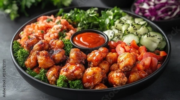 Fototapeta Top-down view of a spicy buffalo wings platter with dipping sauce, isolated on white background