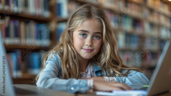 Fototapeta Attractive happy little girl student studying at the college library sitting at the desk using laptop computer