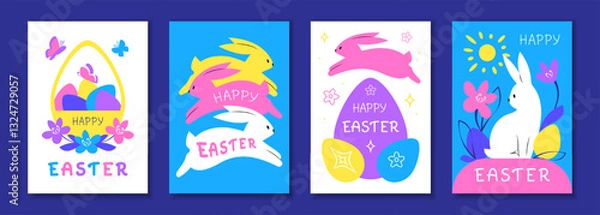 Obraz Set of Happy Easter greeting cards with colorful rabbits, eggs and flowers on blue background. Vibrant poster design template with handwritten lettering. Vector illustration in modern art minimalist