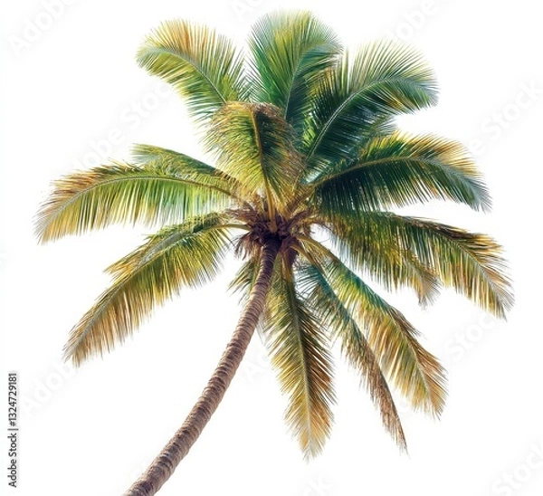 Fototapeta Vibrant Coconut Palm Tree Against Clear Sky Background with Lush Green Leaves and Textured Trunk for Tropical Aesthetic and Nature Themes