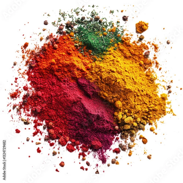 Fototapeta A fusion of colorful spice powders blended artistically, isolated on a white transparent background.