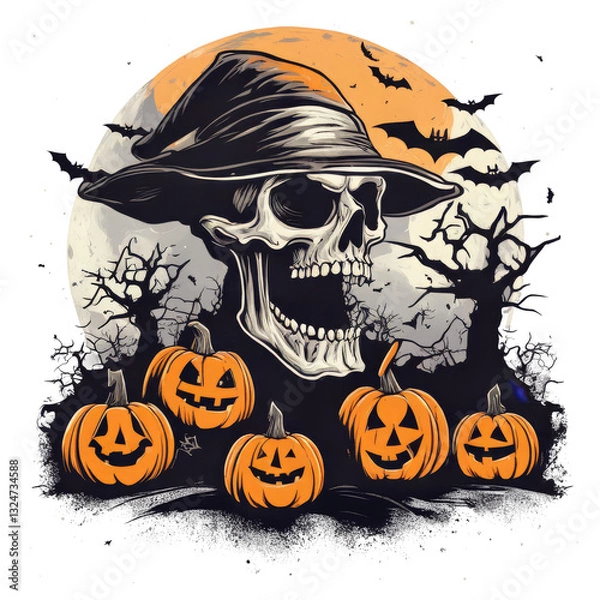 Obraz Halloween t shirt design with skull and pumpkin