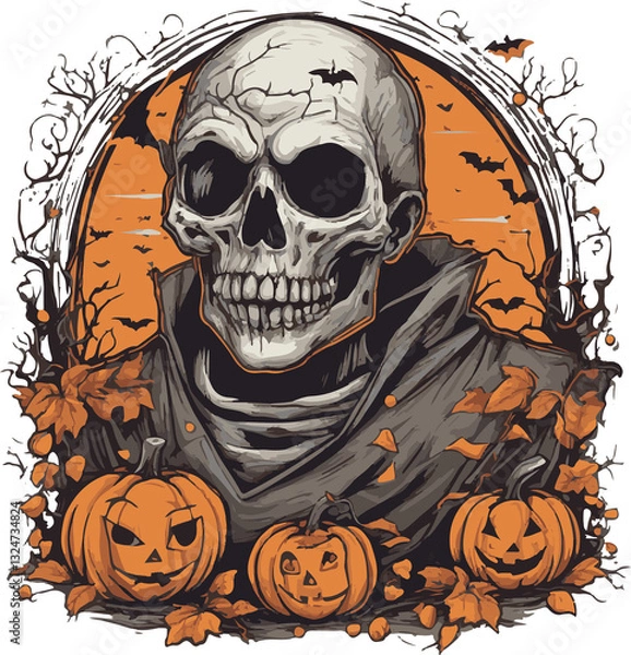 Obraz Halloween t shirt design with skull and pumpkin