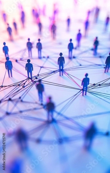 Fototapeta Abstract network concept: Miniature figures interconnected by thin strings, symbolizing global communication and relationships in a vibrant, purple-blue hue.