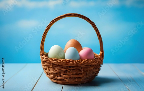 Obraz  Easter eggs in a wooden basket, the basket stands on a blue wooden platform, blue background