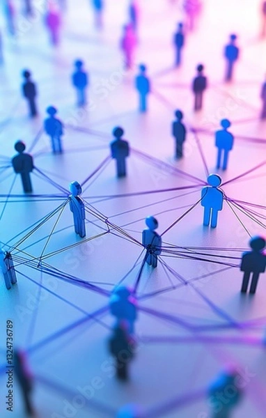 Fototapeta Abstract network connection concept. Blue figures linked together by thin lines against a soft pink and blue background. Represents teamwork, collaboration, or social network.