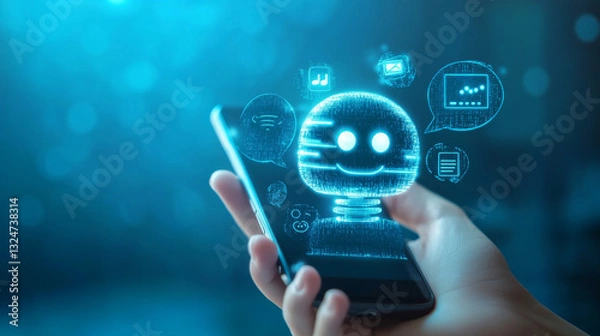 Fototapeta Close-up hand with phone. Chat bot abstract logo on smartphone screen with speech bubbles. Digital chatting artificial intelligence concept on technology blue background. Low poly wireframe vector.