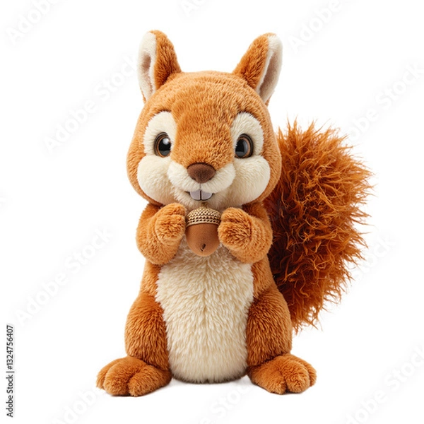 Fototapeta Adorable plush squirrel with soft fur and fluffy tail holding a tiny acorn isolated on white