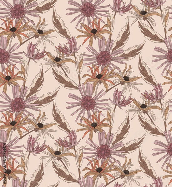 Fototapeta Mocha mousse color pattern of flowers and leaves, repeating pattern, artistic like wallpaper.	
