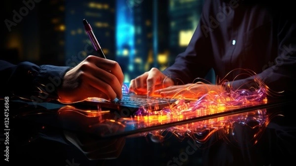 Fototapeta Futuristic collaborative workspace with digital interactions and data visualization