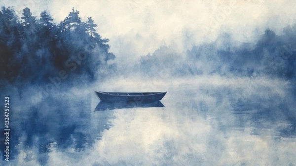 Obraz A small boat floats serenely on a misty lake surrounded by trees