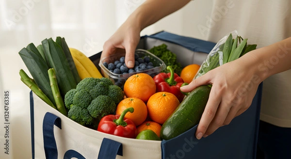 Fototapeta Hands carefully pack fresh produce and groceries into a delivery bag, emphasizing the importance of healthy eating and efficient service.