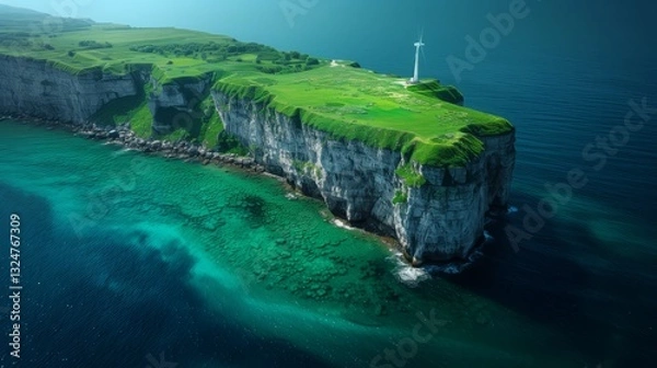Fototapeta Scenic Coastal Landscape with a Tall Lighthouse Standing on a Dramatic Seaside Cliff