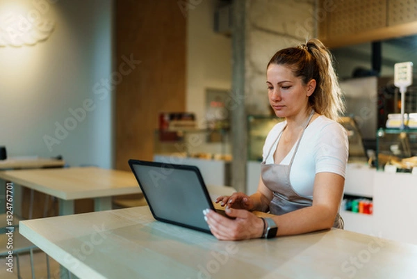Fototapeta Female baker wearing apron using laptop, managing online orders and inventory in modern bakery shop, ensuring efficient service and customer satisfaction