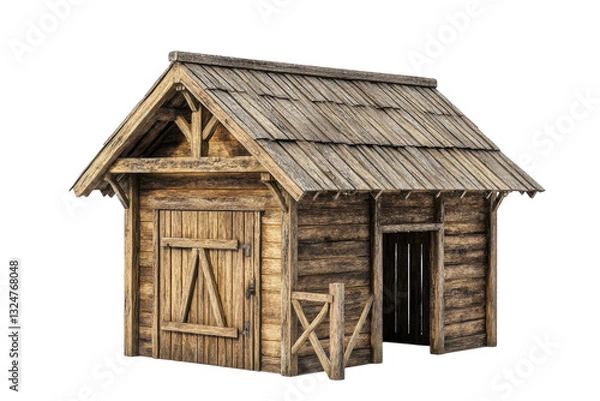 Fototapeta Rustic wooden shed with a slanted roof showcases skilled craftsmanship in a tranquil outdoor setting isolated on transparent background
