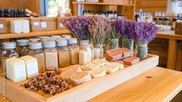 Fototapeta A beautifully arranged display of natural soaps and lavender in a cozy shop setting