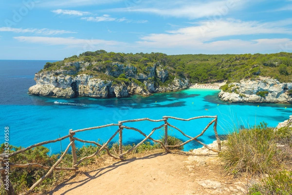Fototapeta View from Mirador de Cala Macarella to Cala Macarelleta beach, Menorca, balearic island, Spain